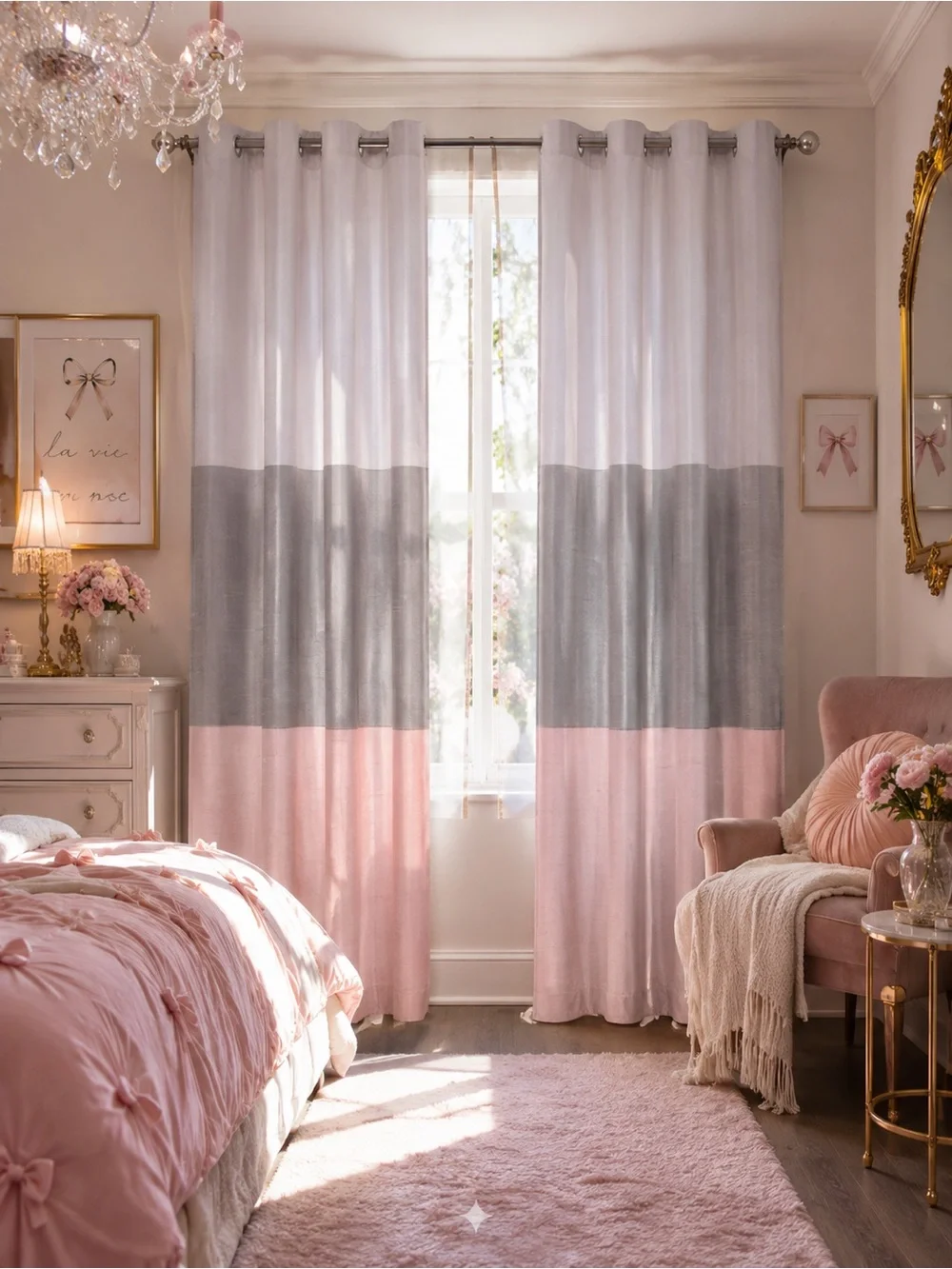 Two-Tone Pink and Gray Grommet Top Window Curtains